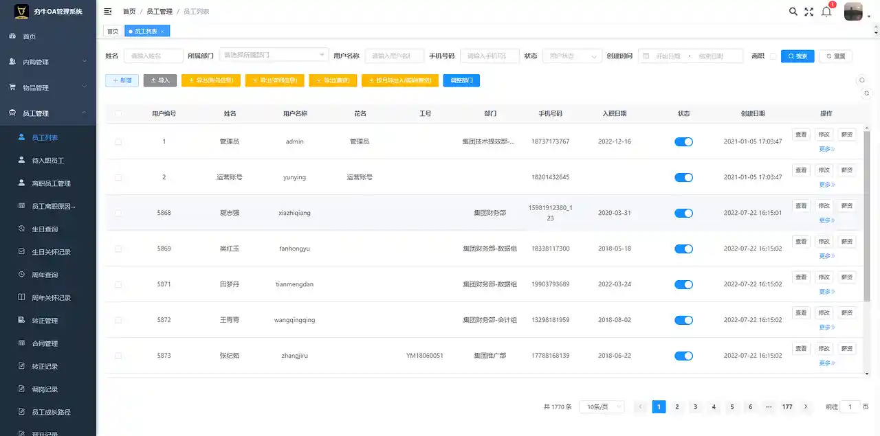 夯牛OA人力资源管理界面